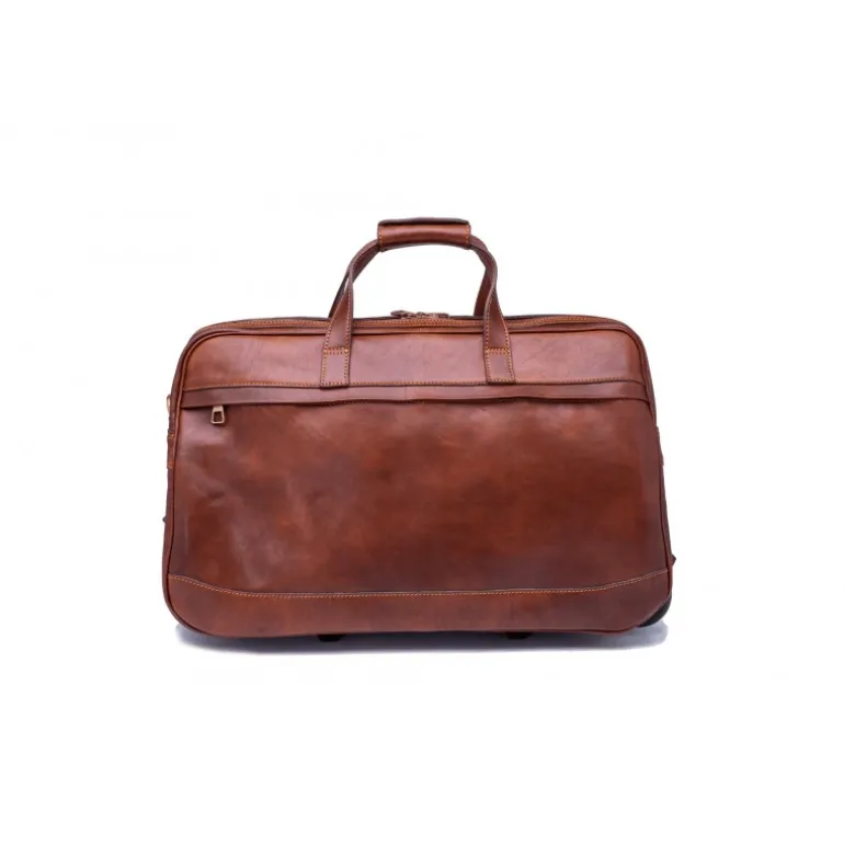 Brązowa skórzana torba na kółkach. Mała