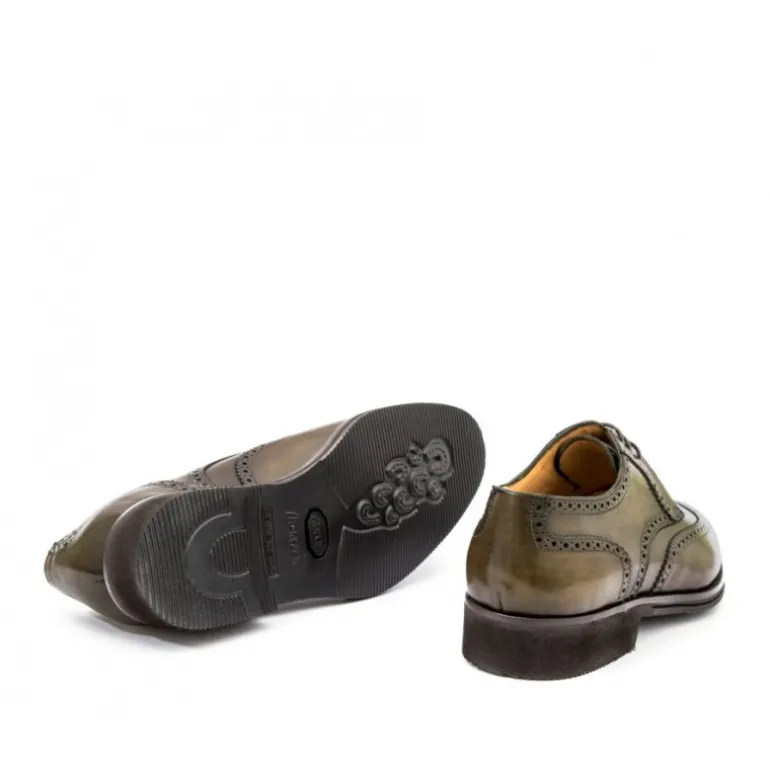 Skórzane męskie buty sznurowane, model derby full brogue oliwkowy