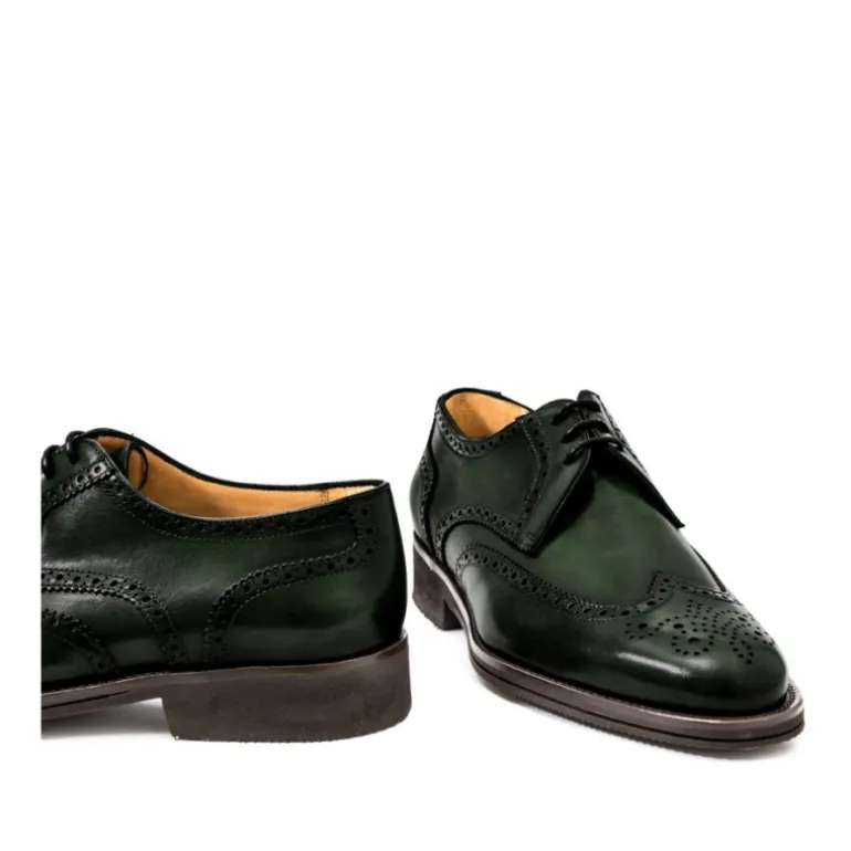 Skórzane męskie buty sznurowane, model derby full brogue zielone ciemny