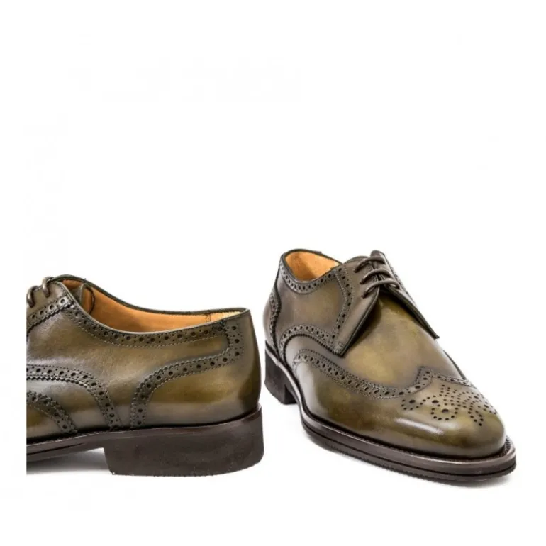 Skórzane męskie buty sznurowane, model derby full brogue oliwkowy