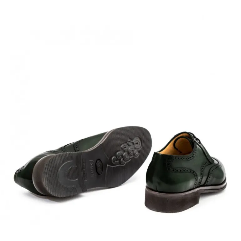 Skórzane męskie buty sznurowane, model derby full brogue zielone ciemny