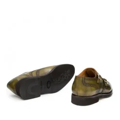Skórzane męskie buty ze sprzączką, czubek w kształcie jaskółczego ogona full brogue oliwkowy