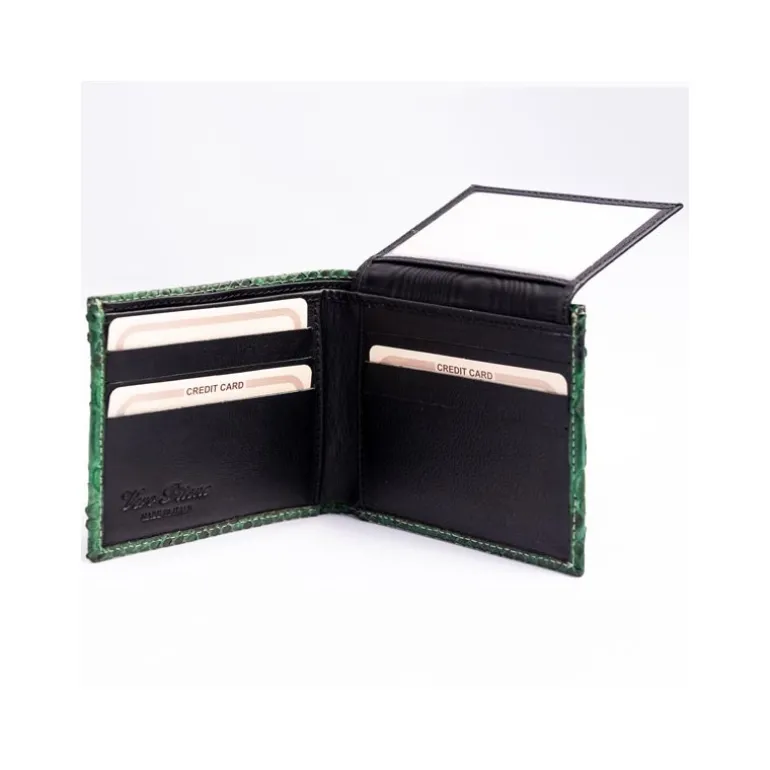 Szmaragdowo-zielony portfel z prawdziwej skóry pytona w całości wykonany ręcznie