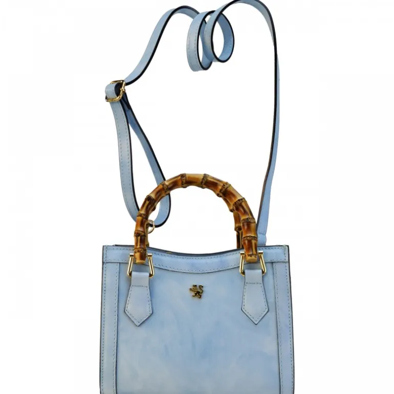 Torebka skórzana z uchwytem bambusowym